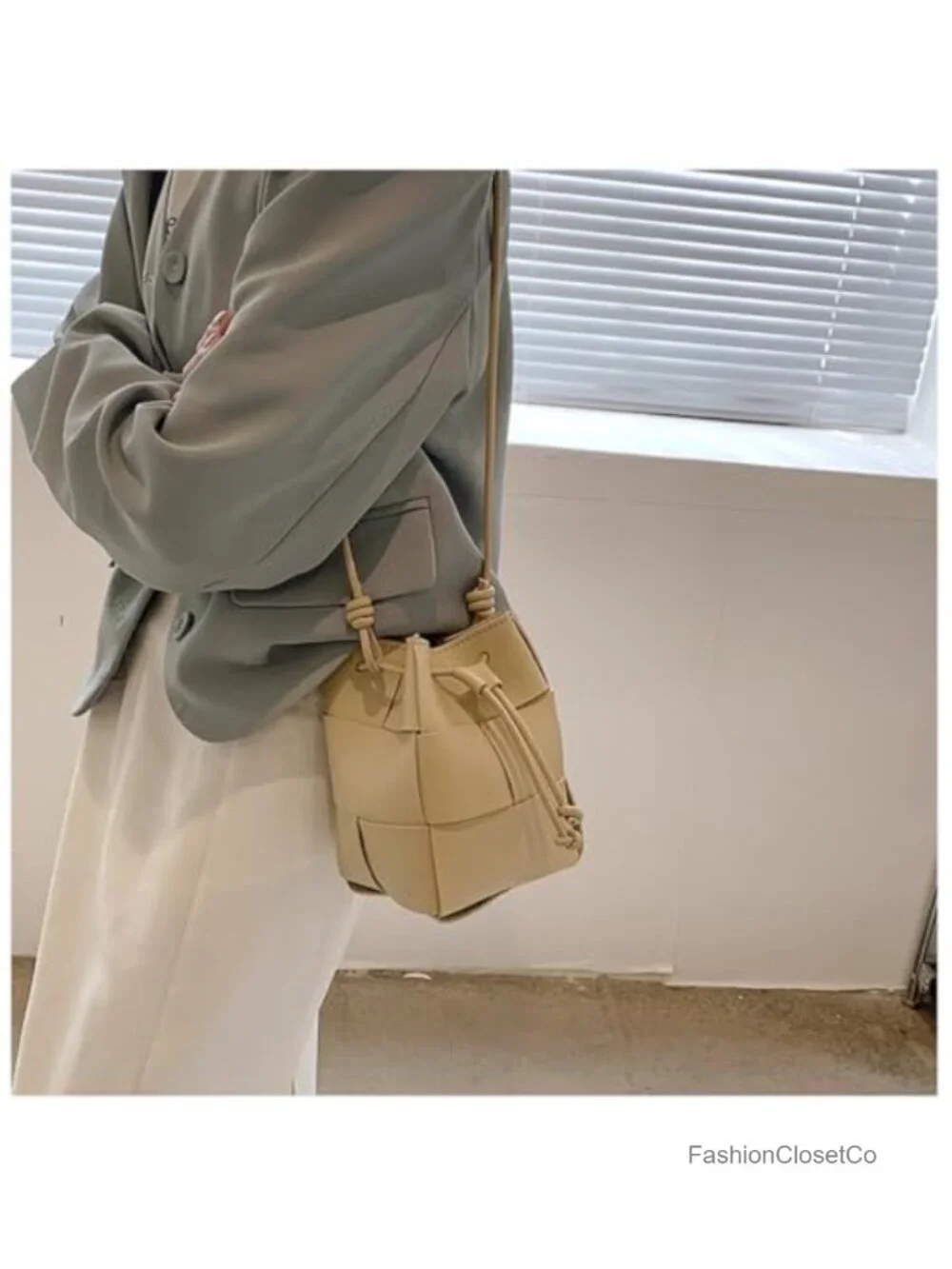 Mini Woven Bucket Bag, Faux Leather Drawstring Crossbody Handbag